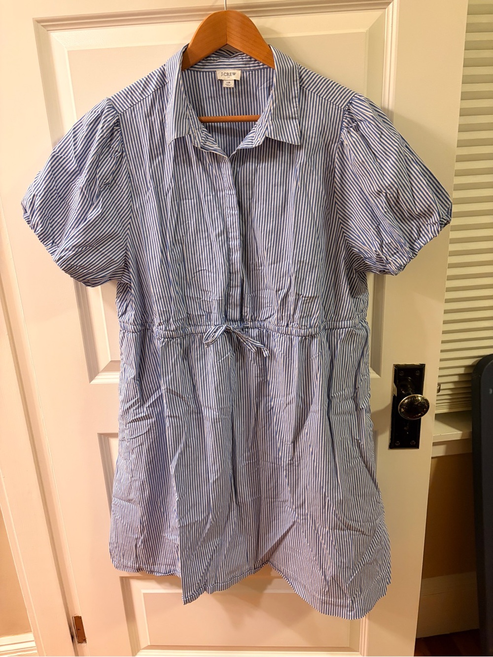 J. Crew Blue and White Striped Tie-Waist Shirt Dress